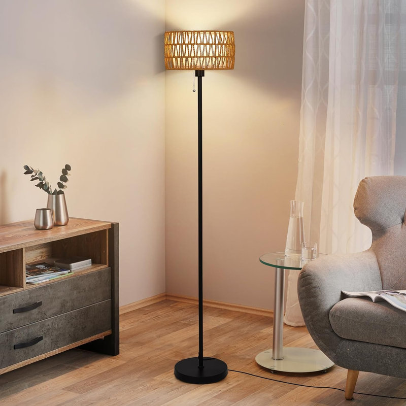 Netin Rattan Floor Lamp With Dual Shades, 3 Color Temperatures For Living Room, Bedroom, Office - Boho Farmhouse Style