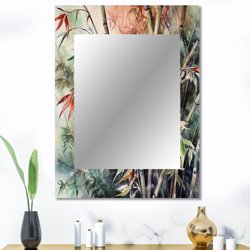 Green Floral Bamboo Bliss VI - Floral Large Mirror, Traditional Unique Wall Mirror Decor, Printed Metal Art, 40" x 30"