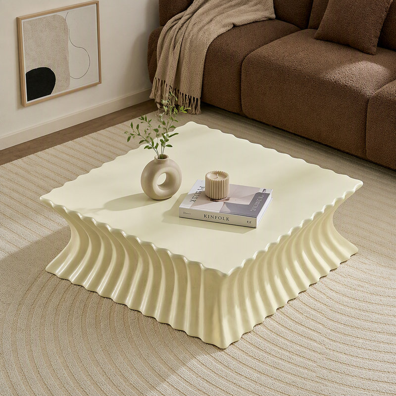 35,43 pouces Table basse carrée Vintage Table en fibre de verre robuste pour salon Bureau sans assemblage beige