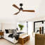 Ventilateur de plafond en bois massif à 3 tiges de 52 pouces avec kit d'éclairage à DEL à intensité variable, 6 vitesses DC, télécommande pour patio, salon, chambre à coucher, bureau, intérieur (noir mat + bois)-129418040-129418041
