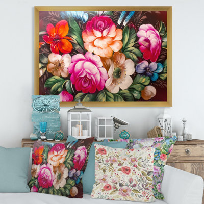 «Vintage Vibrant Red and Yellow Flower Still Life III», peinture sur toile