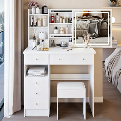  Meuble-lavabo avec miroir coulissant à DEL et commande tactile, ensemble de coiffeuse avec éclairage 3 couleurs et tabouret rembourré, station de rangement de grande capacité pour la chambre à coucher, blanc