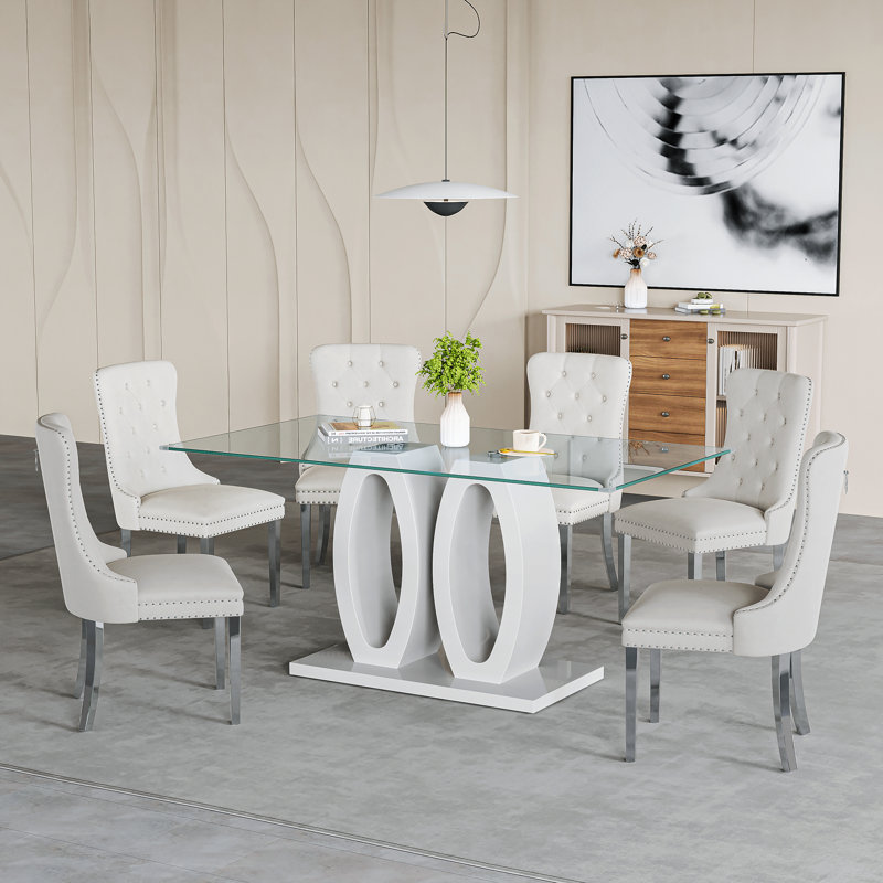Ensemble repas, 7 pièces : table, 6 chaises, Blanc / argenté, Blanc