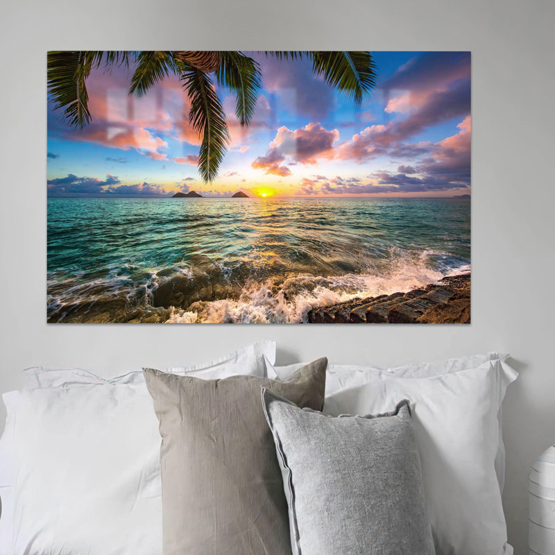 Kailua Sunrise, paysage de mer minimaliste avec style boho pour décoration murale en verre, H 31,5 po x l 47,2 po