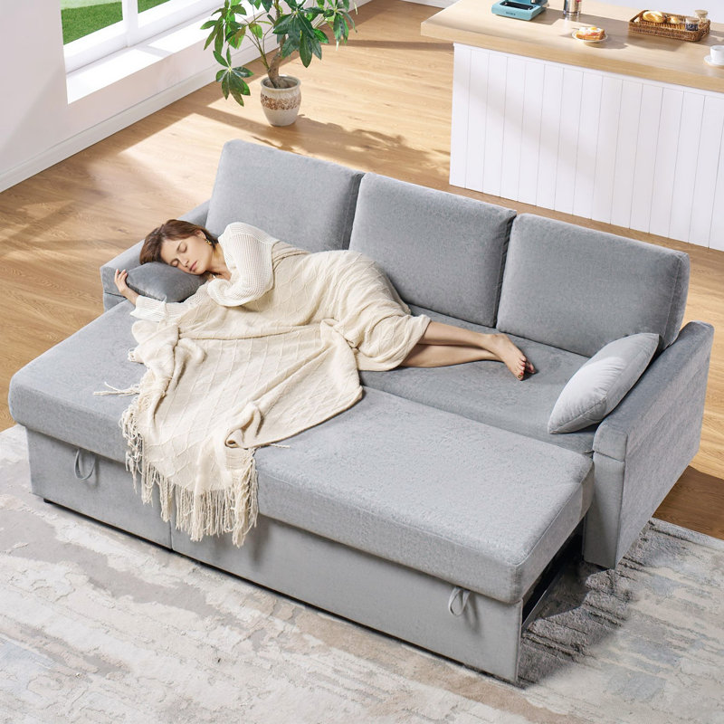 Jilisa 91" Modern 3-Seater Pull Out Sofa Bed - L Shaped Sofa Couch with Storage Chaise, Gray Chenile