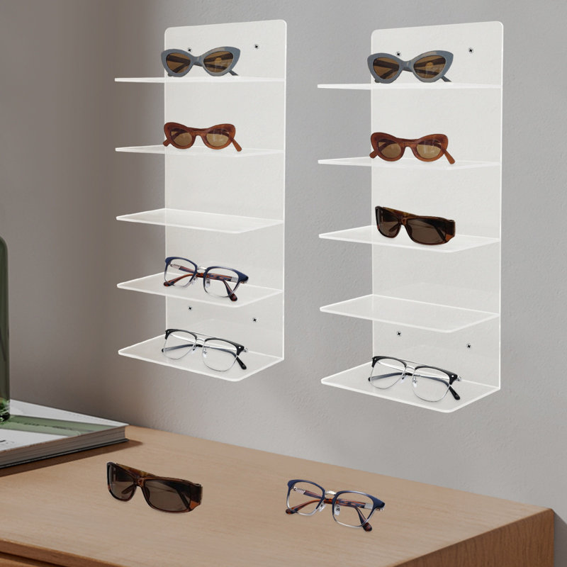 Support de lunettes de soleil 2 pièces, étagère à lunettes à 5 niveaux, support de lunettes de soleil mural, étagère à lunettes en acrylique transparent