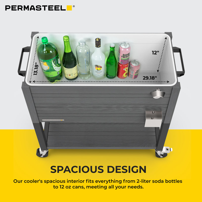 Permasteel 80-Qt Outdoor Rolling Patio Cooler on Wheels Woodgrain Style, Gray