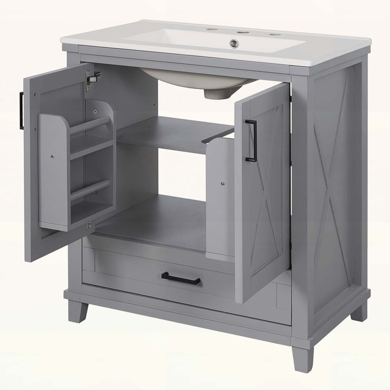 Meuble-lavabo de 30 po avec lavabo, deux tablettes de rangement et amplement d'espace de rangement, Gris