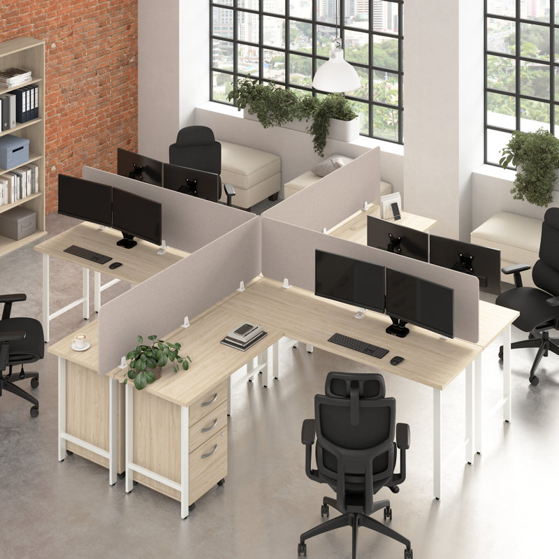 Bush Business Furniture Hustle 4 Person L Shaped Desk With Mobile File Cabinets, Power Grommets, And Privacy Screens - Reversible