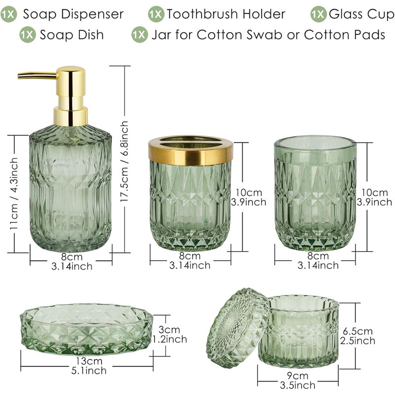 Green Glass Bathroom Set (5pcs) - Soap Dispenser, Toothbrush Holder & Essential Accessories