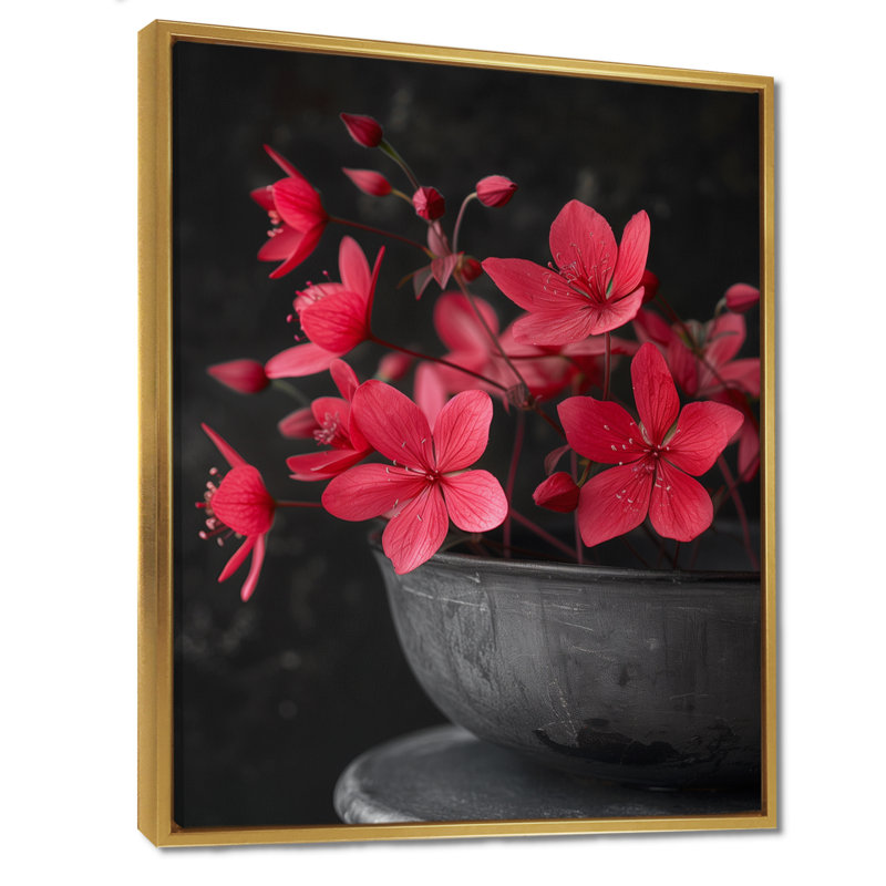 Décoration murale rouge, gris, rétro, fuchsia II - Fuschia, Cadre flottant doré, bois massif, H 24 po x l 32 po