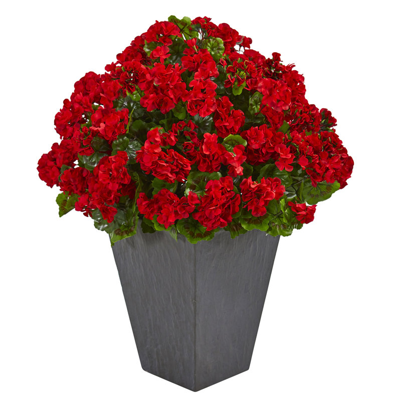 Geranium Artificial Plant in Slate Planter UV Resistant (Indoor/Outdoor), Red