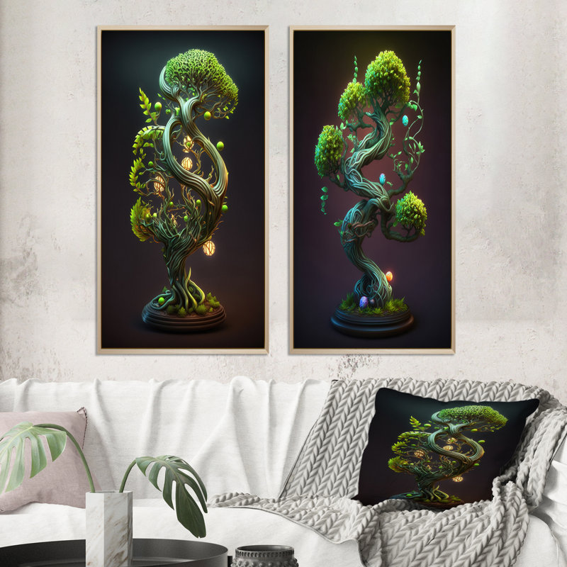 «Neon Bonsai Swirl Tree II», 2 pièces, H 40 po x l 40 po, Encadrement brun