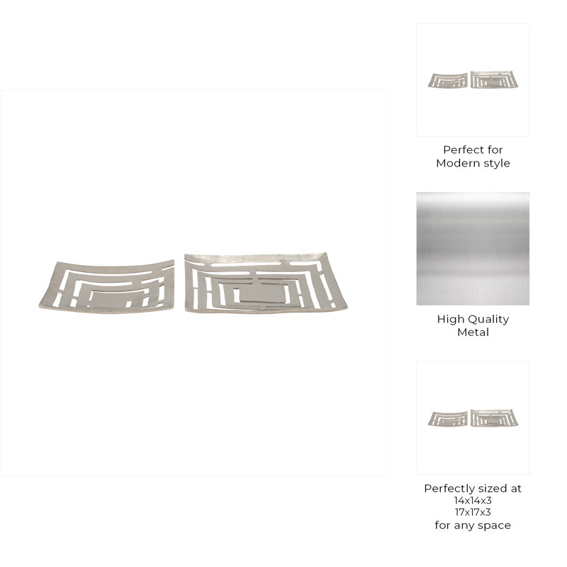 Modern Metal Aluminum Tray and Plate Set with Decorative Cut-Out Design, Contemporary Square Style Accent Display, Durable Lightweight Structure, Nesting Plate for Versatile Styling Set of 2