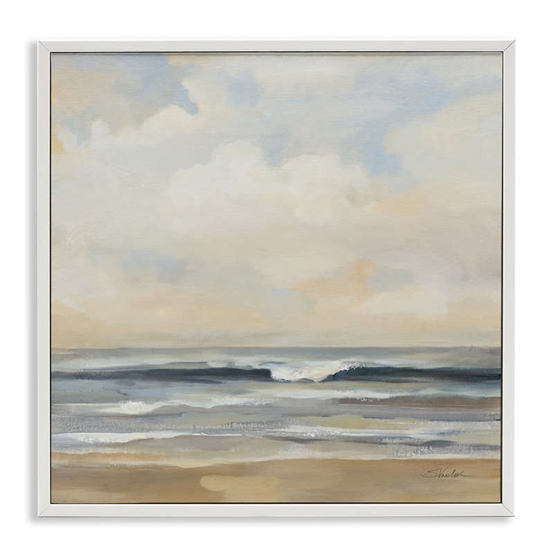 «Misty Haze Shoreline», art de la giclée encadrée par Silvia Vassileva, Estampe numérique encadrée blanc bord de mer