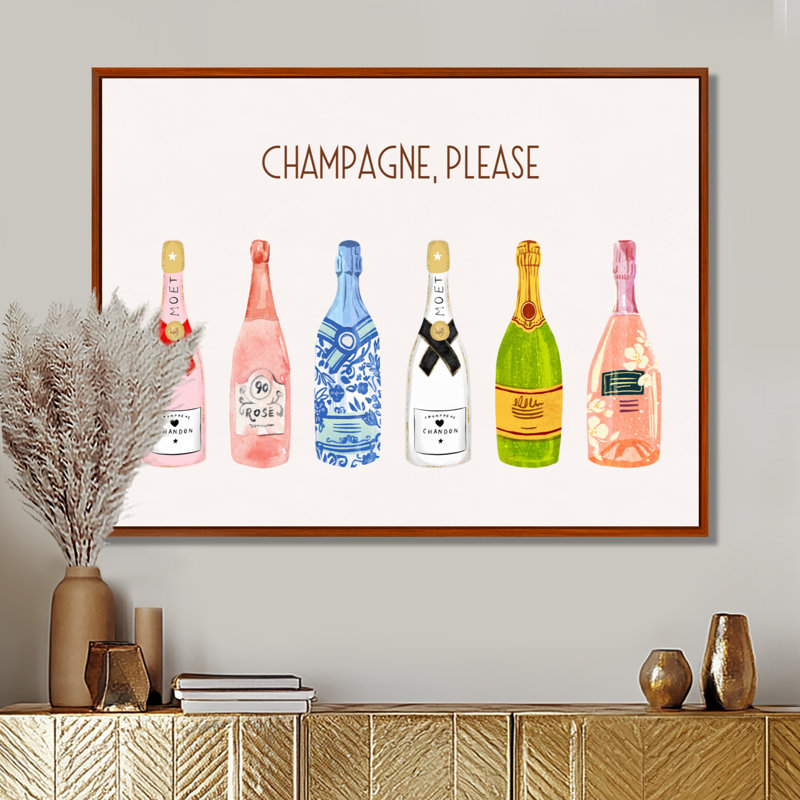 Champagne, veuillez Happy Hour - Champagne, art mural, Cadre flottant brun, H 12 po x l 20 po