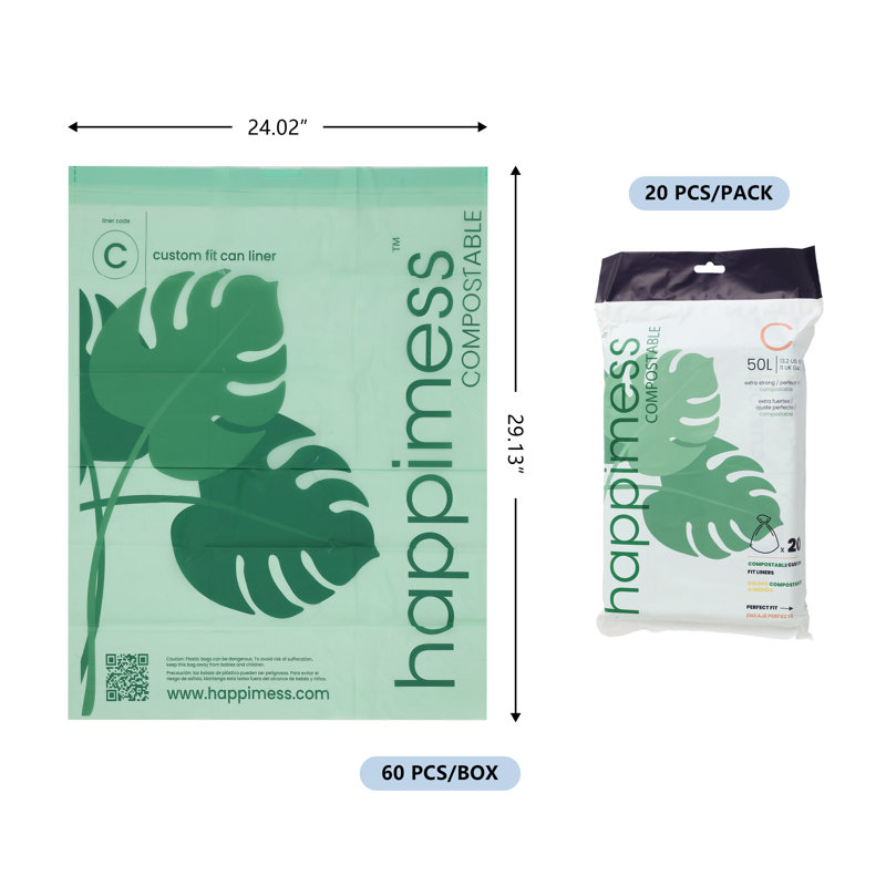 happimess 13.2-Gallon (50L) Drawstring Compostable Trash Can Liner (60-Count, 3-Packs of 20 Liners)