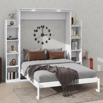 Grand lit escamotable mural avec tablettes et éclairage DEL
