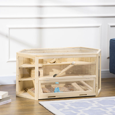 Cage en bois pour hamster - 3 niveaux avec balançoires à bascule, bouteille d'eau et centre d'activités intriguant
