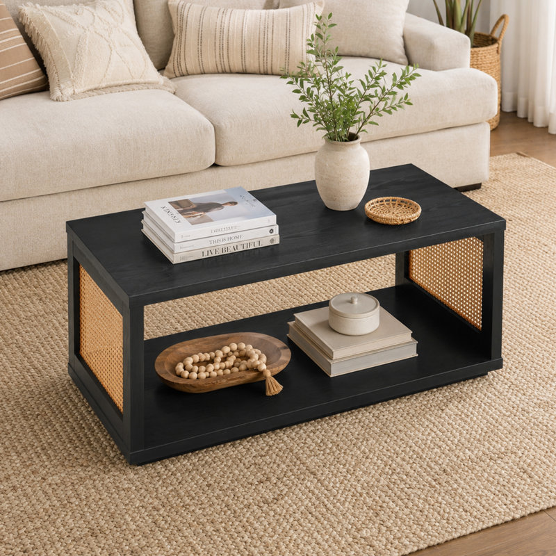 Table basse Haught Weave avec tablette, Noir / orge beige