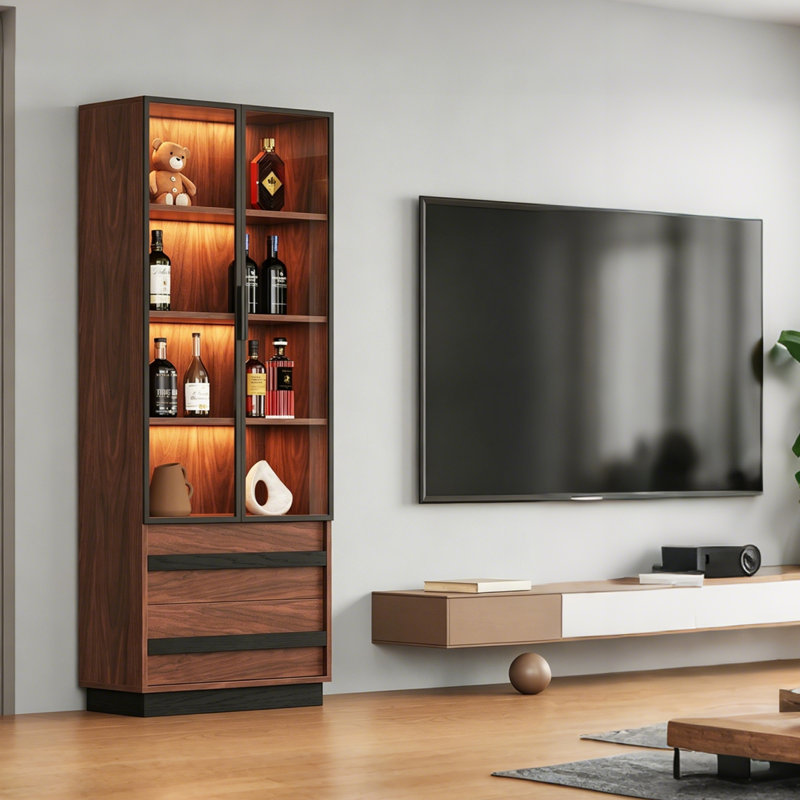 Armoire latérale autoportante 31,5 po en bois de pin brun avec porte vitrée 31,50 po