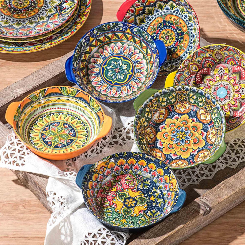 Ensemble de 6 bols en céramique avec poignées, bols à soupe et à salade de style bohémien, va au micro-ondes et au lave-vaisselle, vaisselle en porcelaine durable pour nouilles, pâtes et collations