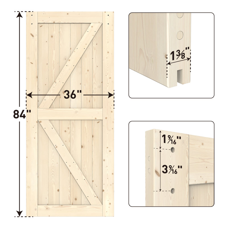 Porte de grange en bois lamellé-collé brut sans ensemble de quincaillerie d'installation, 36 po x 84 po