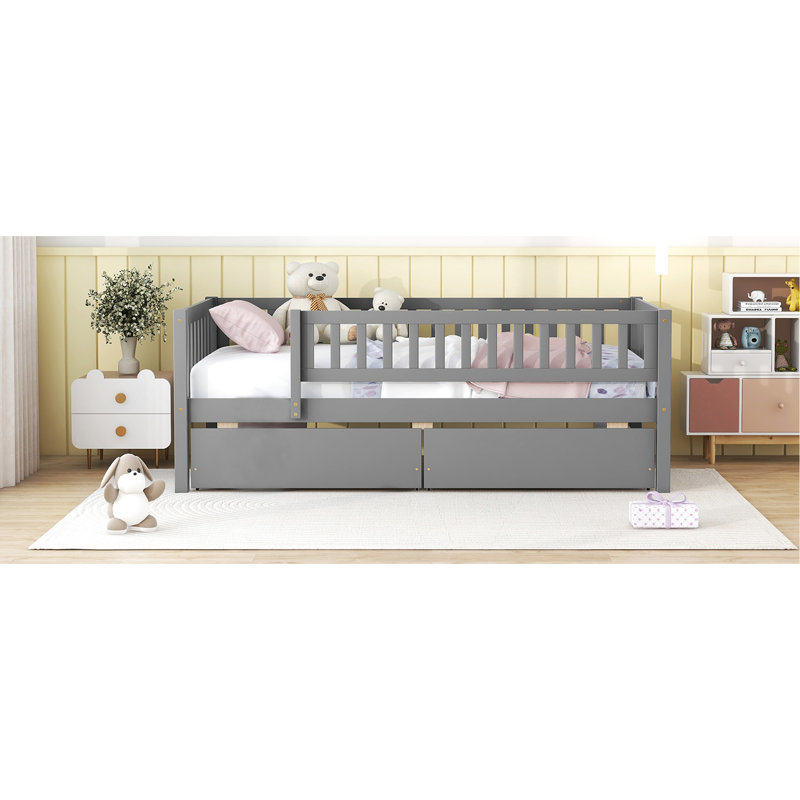 Lit de jour simple en bois avec deux tiroirs, gris - Structure et solution de maximisation de l'espace, Gris, Lit simple