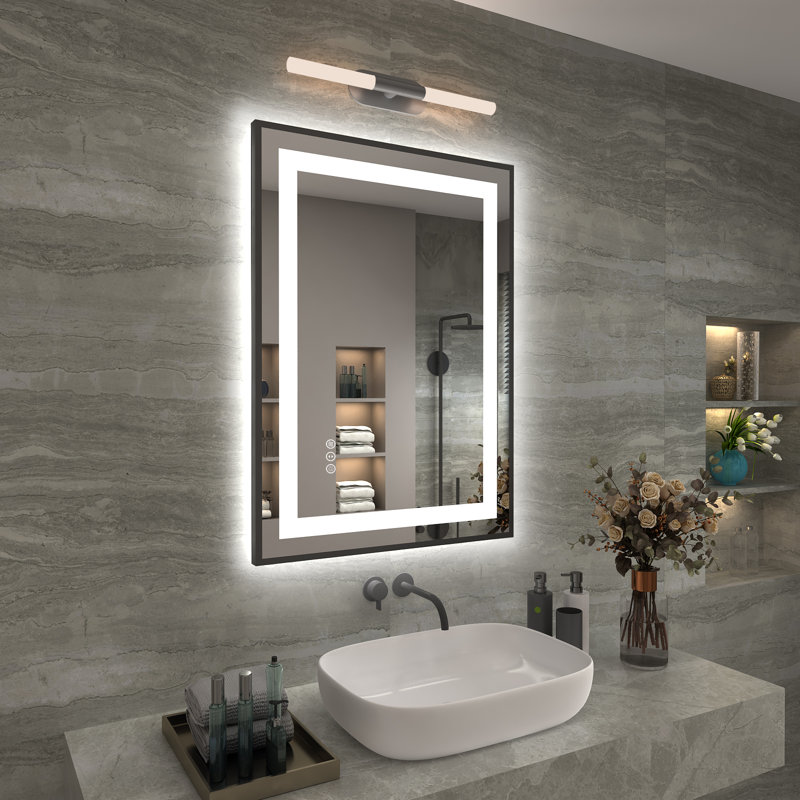 Matte Black LED Lighted Anti-Fog Vanity Mirror with Tempered Glass, 28" x 20"