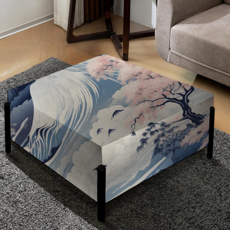 Paysage japonais zen bleu et rose - Grand repose-pieds carré japonais