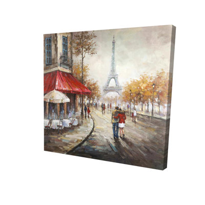 Couple marchant dans la rue de Paris, toile - brun, décoration intérieure moderne