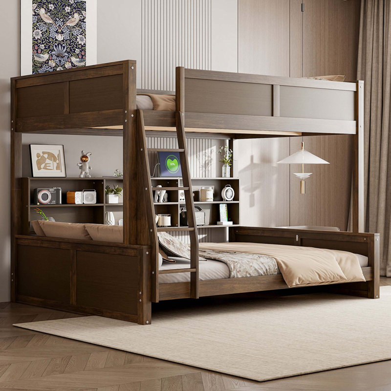 Lit double superposé au-dessus de grand lit double avec armoires de rangement et ports USB, Double TG sur grand, Bois