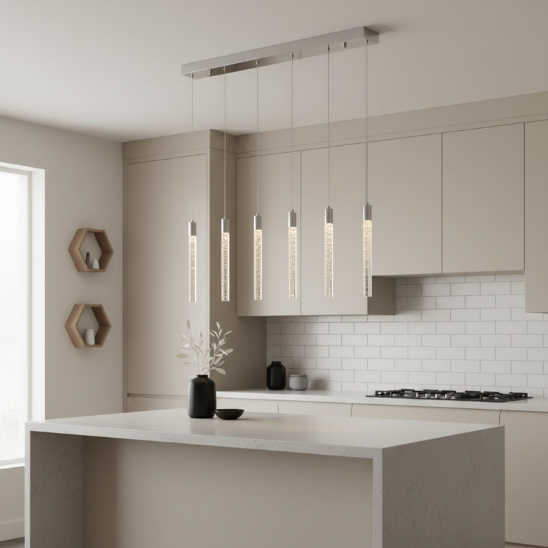 5 Lights  Modern LED Crystal Pendant Light Kitchen Island Liner Style 3000 K Triac Dimming, Chrome