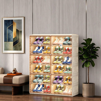 6-Tier 24-Pair Stackable Large Shoe Containers Shoe Storage Box with Clear Magnetic Doors for Sneakers, Easy Assembly, White