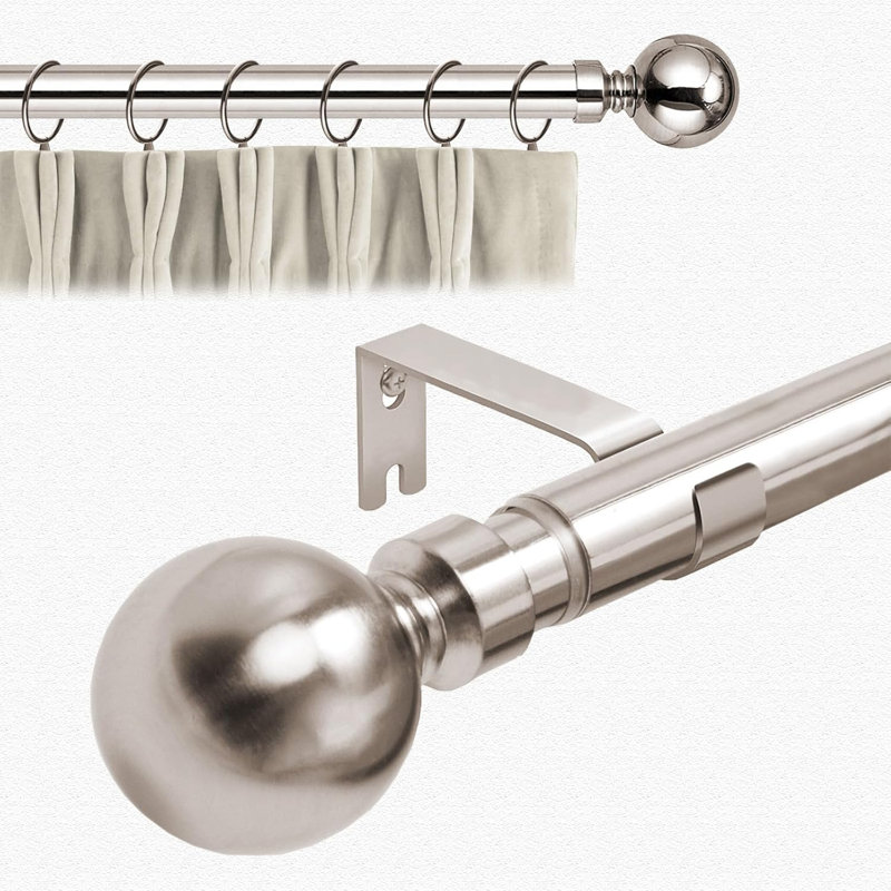 Aspire Homeware Adjustable Plain Metal Ball Curtain Rod With Hardware Accessories, Brushed Silver, 120cm – 210cm