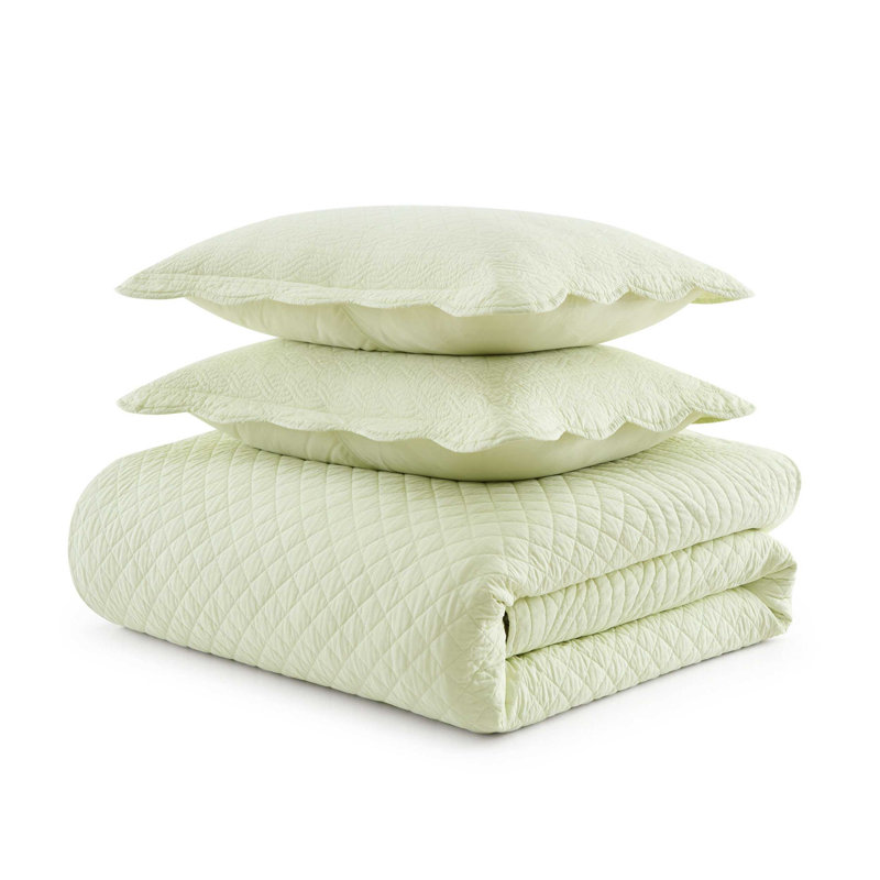 Martha Stewart Vintage Scallop Solid Cotton Reversible Quilt Set, Green, Twin Quilt + 1 Standard Sham