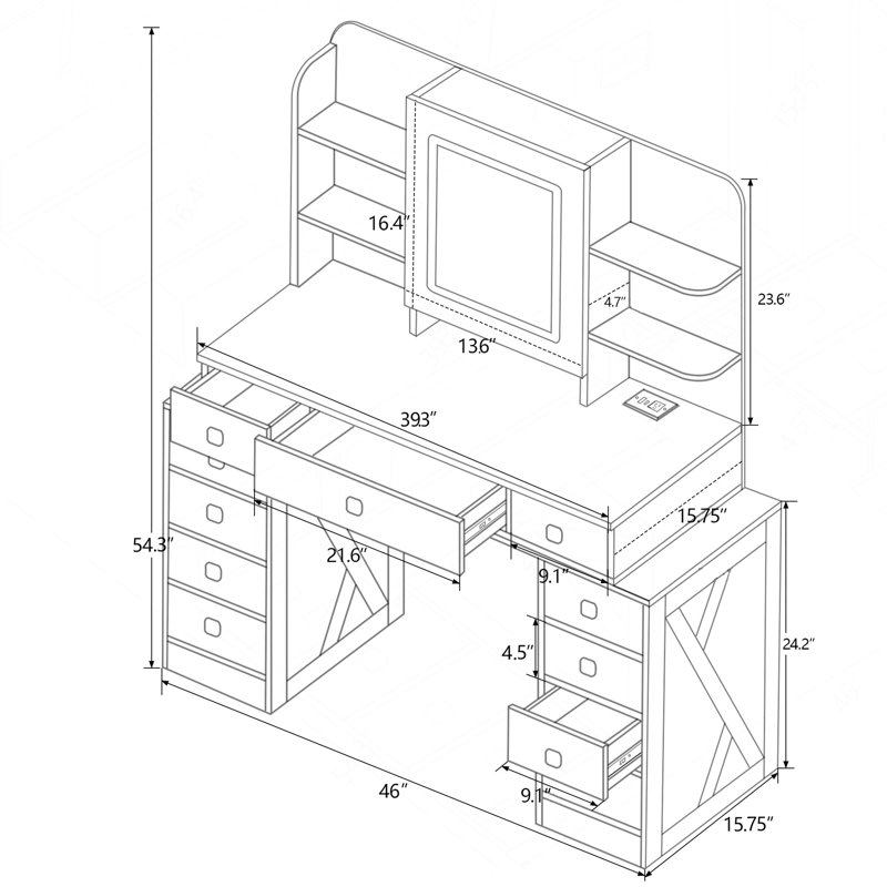 Bureau de coiffeuse avec miroir coulissant Farmhouse