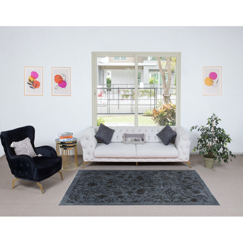 Tapis turc fait à la main 4,8 x 8 pi avec fond gris acier foncé et motif floral brun