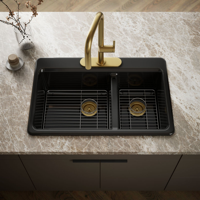 Riverby 33 In. Top-Mount Double-Bowl Kitchen Sink, 3 hole, Black, Large/medium bowls