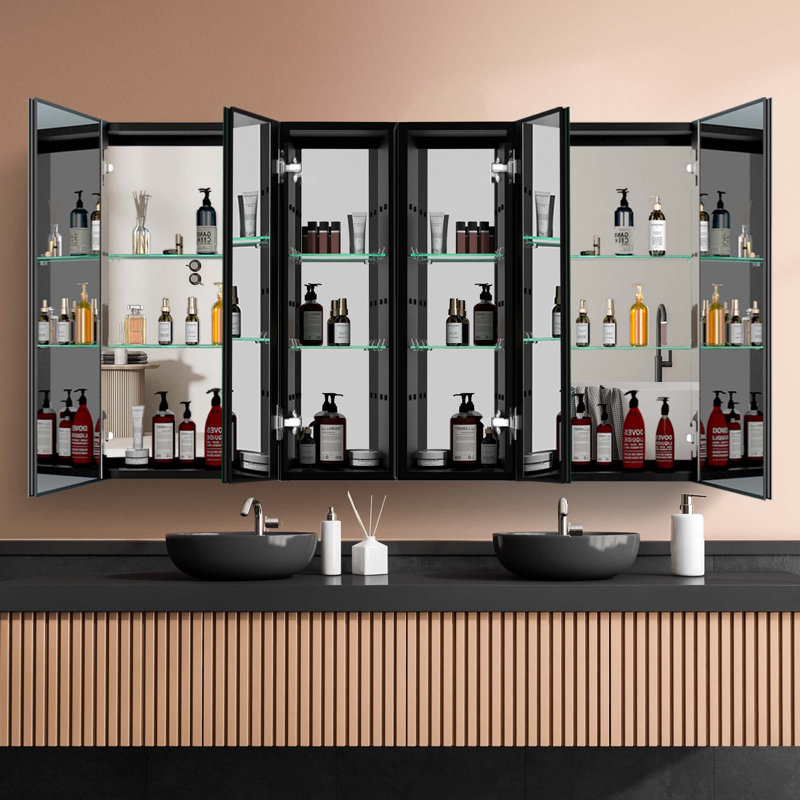 Armoire de toilette à miroir rectangulaire en aluminium noir sans cadre à fixation en surface avec 8 tablettes réglables l 60 po x H 30 po Borach