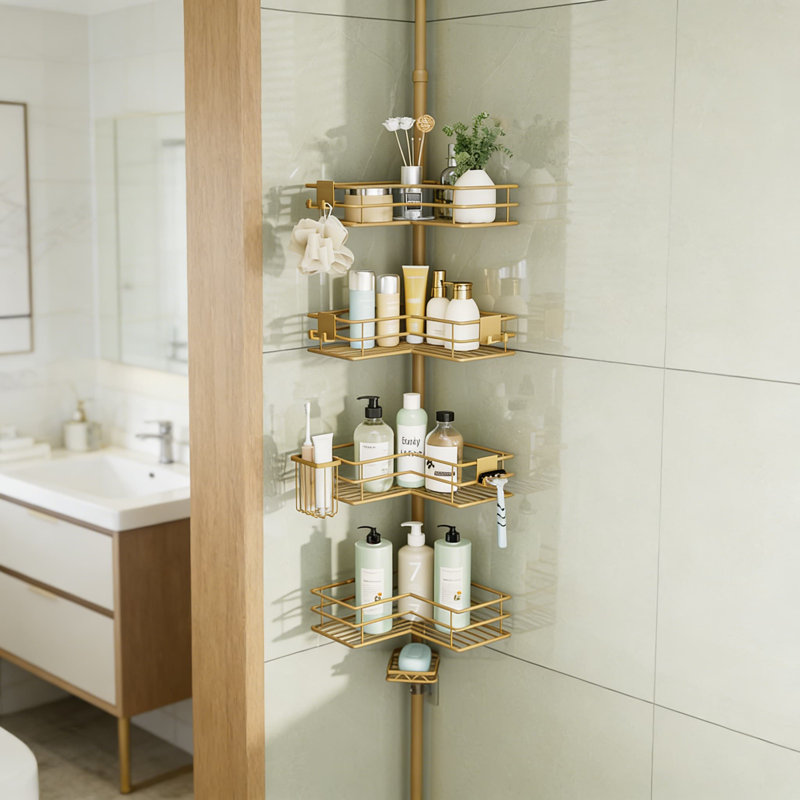 Adjustable Corner Shower Caddy Organizer With 4-Tier Shelves, Soap & Toothbrush Holder, Rustproof Stainless Steel Tension Pole For Bathroom Storage