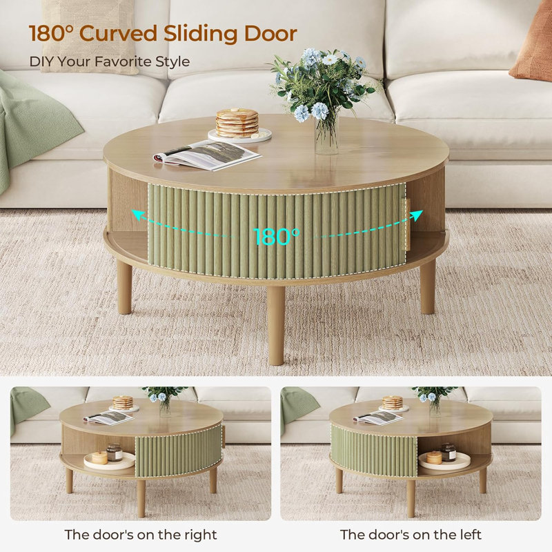 Round Lift Top Coffee Table, 31.5" Modern Coffee Table With 180° Curved Sliding Door, Hidden Storage And Open Shelves, Oak