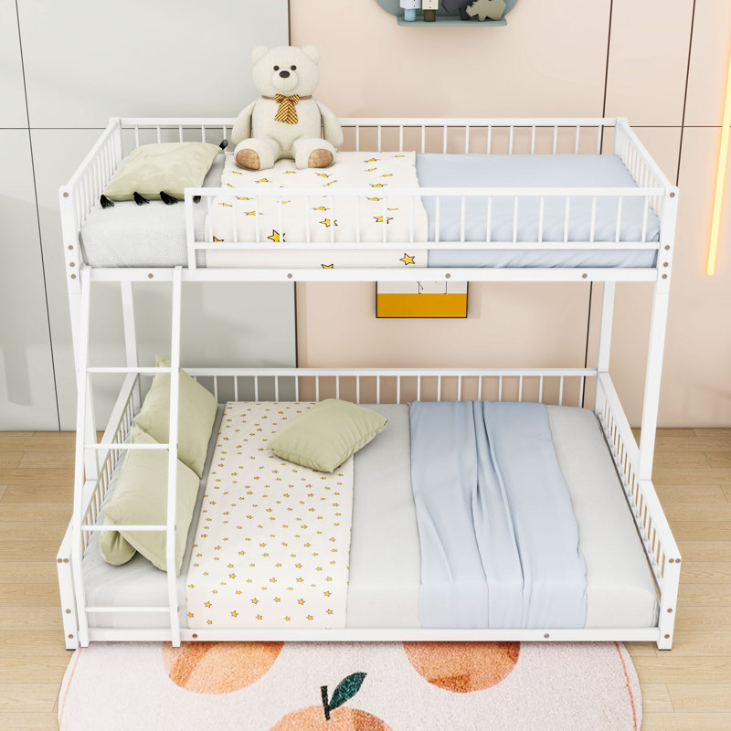 Lit superposé en métal robuste avec conception détachable, garde-corps et échelle, Simple TG sur grand, Blanc