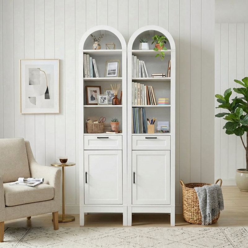 2 pièces Bibliothèque arquée de 71 po de hauteur avec tablette ajustable, Blanc