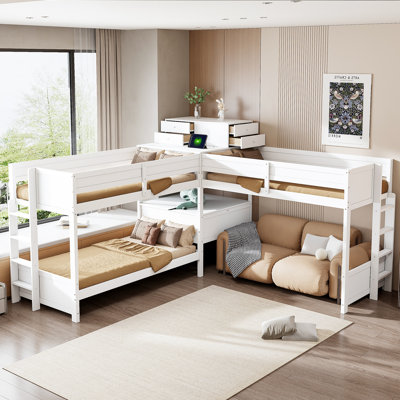 Lit simple superposé en forme de L avec bureau intégré, 4 tiroirs et ports USB et prise de courant, blanc