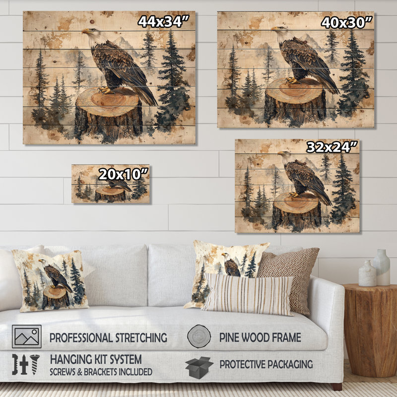 Grand aigle, la sentinelle II - Art mural en bois avec aigle - sur bois de pin naturel, H 10 po x l 20 po