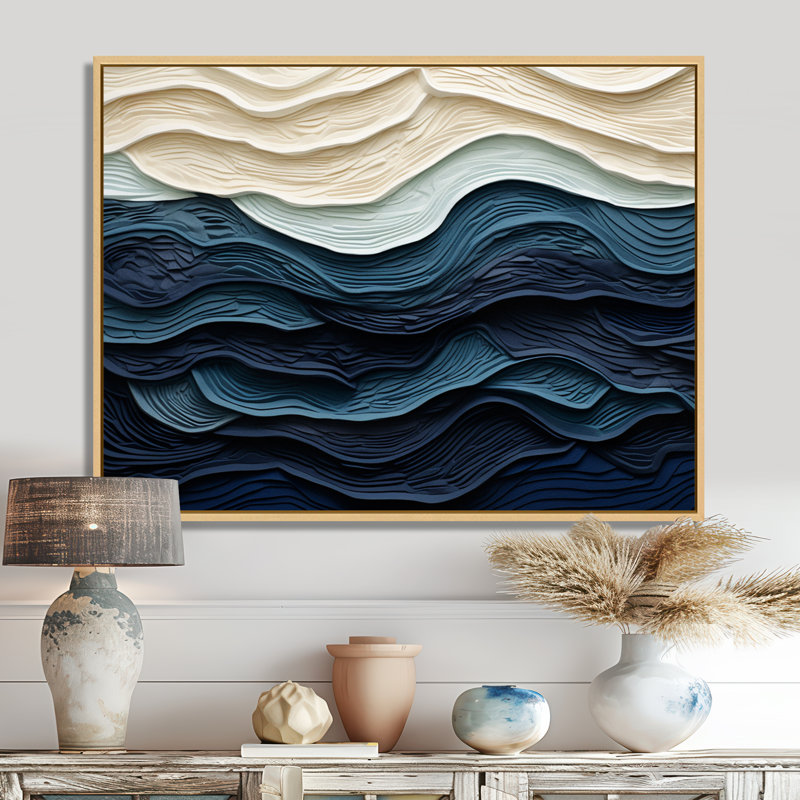 «Blue and White Coastal Waves», impression murale abstraite sur toile côtière, H 12 po x l 20 po, Brun