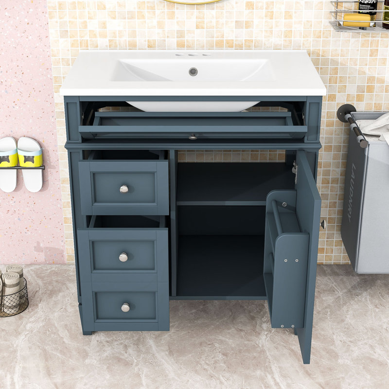 Contemporary Freestanding Single Bathroom Vanity Cabinet with Ceramic Sink and Ample Storage, Blue
