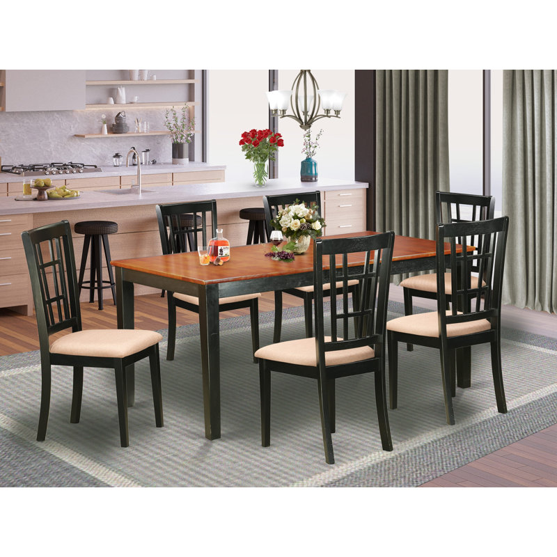 Ensemble de salle à manger 6 pièces comprenant une table de salle à manger rectangulaire avec feuille papillon et 4 chaises de salle à manger en similicuir avec banc, noir et cerise