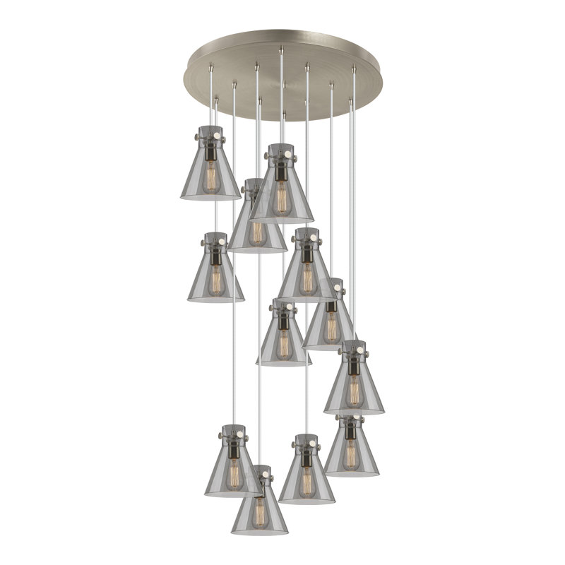 Luminaire suspendu 12 lumières Amrith, Gris fumée clair, Nickel satiné brossé